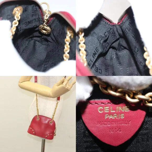 CELINE Chain Shoulder Bag Leather Red Gold Auth 118372